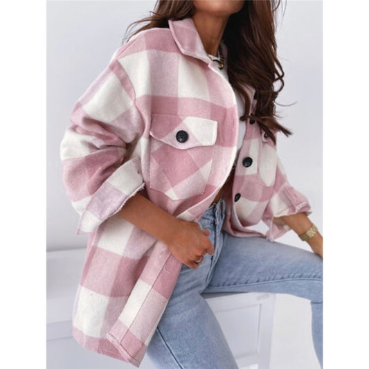 Women's Loose Plaid Woolen Long-Sleeved Jacket