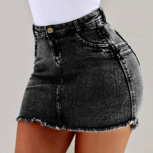 Solid Color Tassel High Waist Denim Skirt