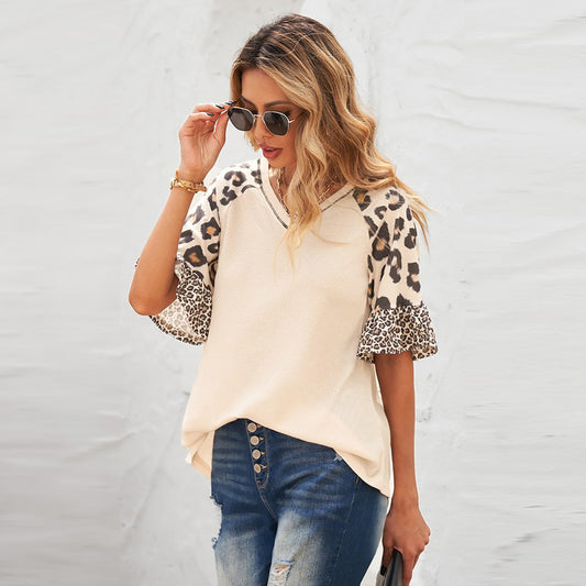 Leopard Panel V-Neck T-Shirt