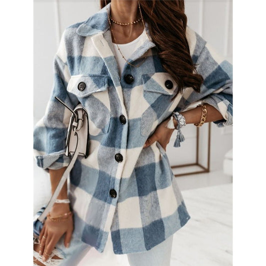 Women's Loose Plaid Woolen Long-Sleeved Jacket