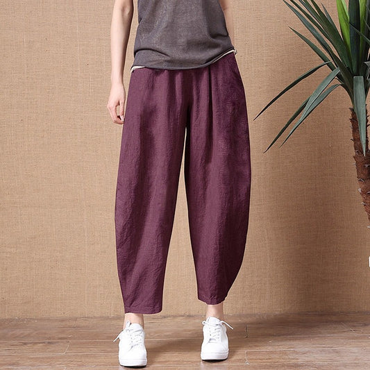 Solid Color Wide Leg Ramie Cotton Pants