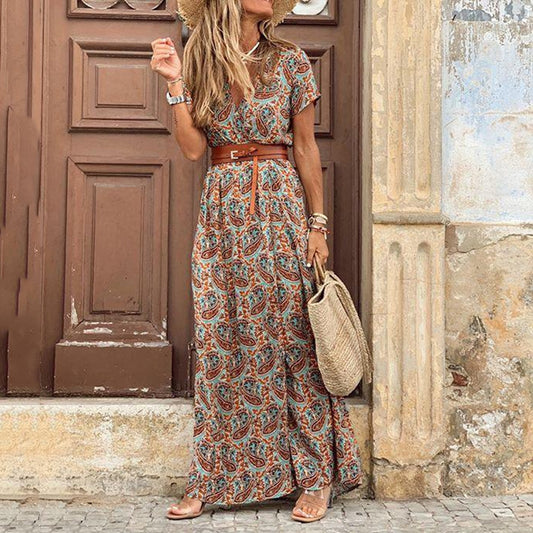 Short-Sleeved V-Neck Printed Floral Maxi Dress