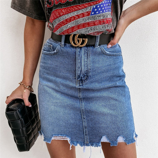 High Waisted Ripped Fringed Hem Bodycon Mini Denim Skirt