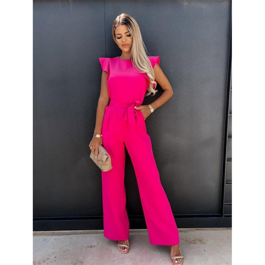 Female Ruffle Solid Color Round Neck Tie Jumpsuits