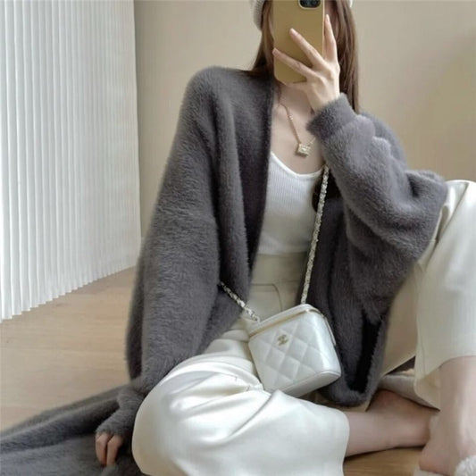 Imitation Mink Velvet Solid Color Long Sleeve Thick Casual Loose Long Cardigan Outerwear