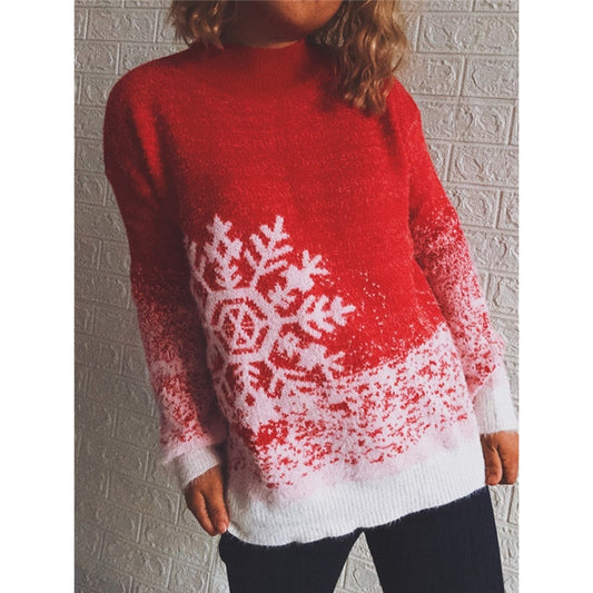 Round Neck Long Sleeve Snowflake Christmas Knitted New Year Ladies Sweater