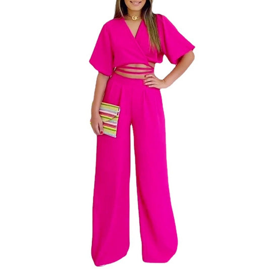 Women's V-Neck Short-Sleeved Wide-Legged Pants Set