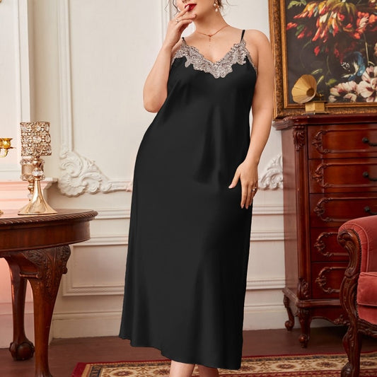 Women's Pajama Halter Dress Spring/Summer Thin Lace Robe Long Simulation Silk Casual Home Wear.