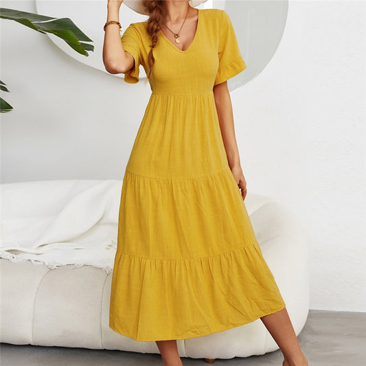 Short Sleeves V-Neck Ruffles Solid Maxi Dress