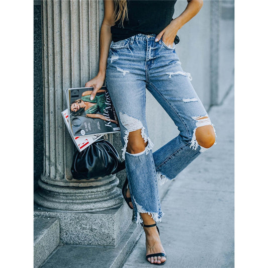 Frayed Hem Ripped Straight Leg Jeans