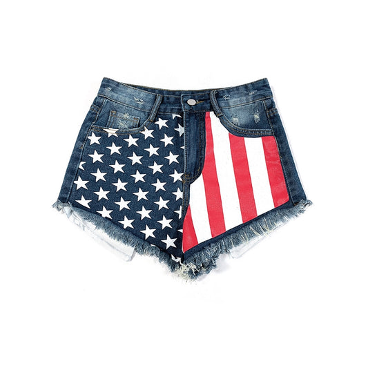 Flag Print Fringed Hem Denim Shorts