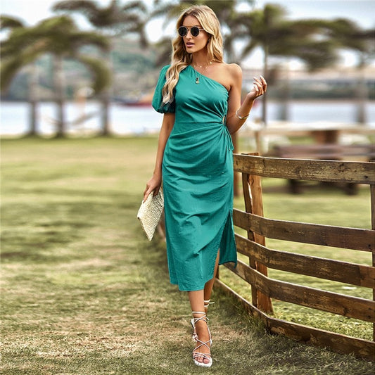 One Shoulder Short Sleeve Solid Color Hollow Tied Maxi Dress