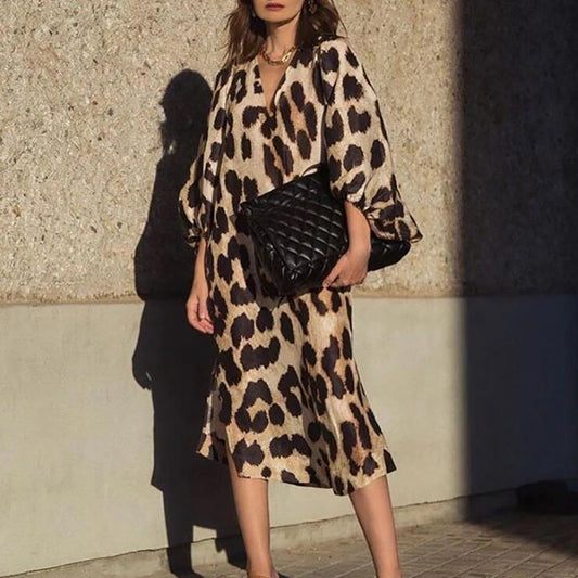 Loose Leopard Print Lantern Sleeve Maxi Dress