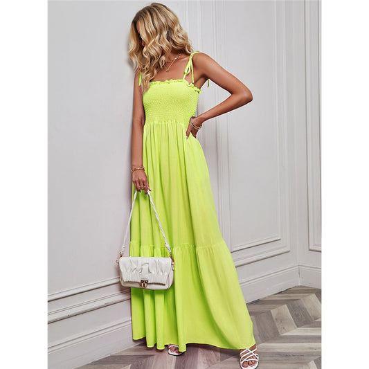 Solid Color Tied Spaghetti Neck High Waisted Sling Maxi Dress