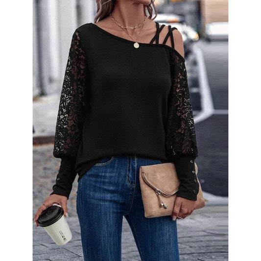 Lace Panel One Shoulder Button Top