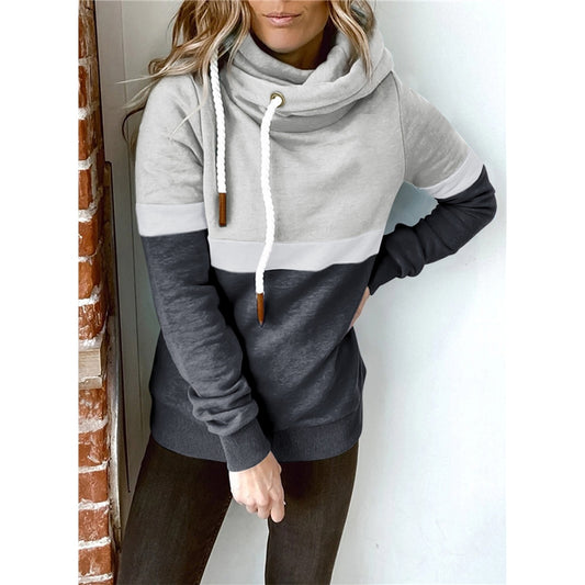 Women's Solid Color Stitching Casual Turtleneck Hoodie