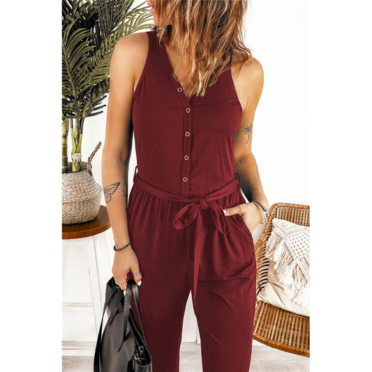 Solid Sleeveless V-Neck Wrap Jumpsuit