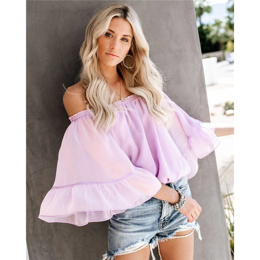 One-Shoulder Loose Flared Sleeve Chiffon Shirt