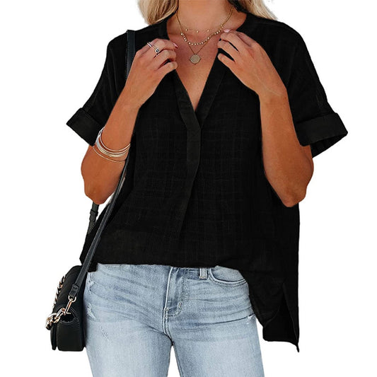 Women's V-Neck Thin Plaid Loose Shirt