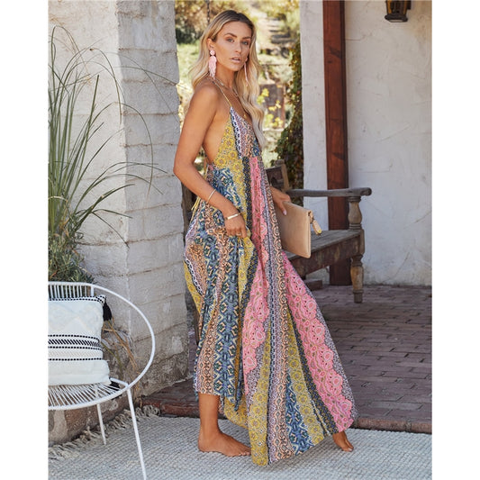 Printing Sleeveless Spaghetti Straps V Neck Backless Large Swing Maxi Dress