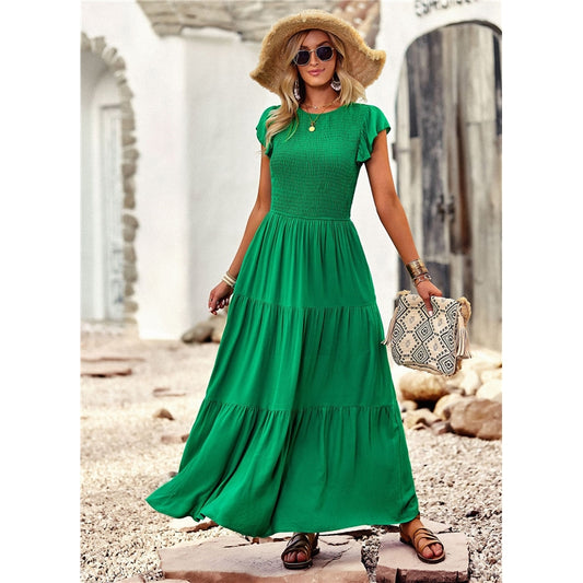 Solid Color Summer Elegant Round Neck Long Dress