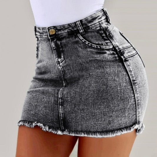 Solid Color Tassel High Waist Denim Skirt