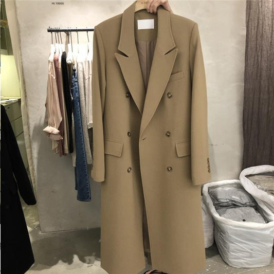 Solid Color Long Sleeve Lapel Retro Long Blazer Outerwear