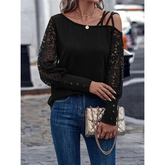 Lace Panel One Shoulder Button Top