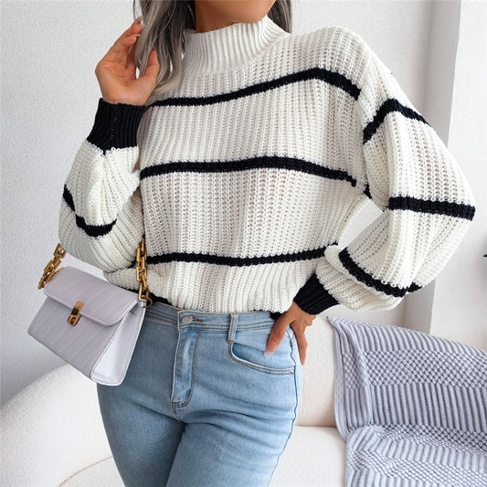 Long Sleeve High Neck Striped Sweater