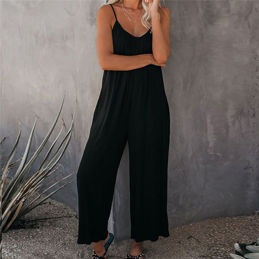 Spaghetti-Neck Solid Wide Leg Loose Jumpsuit