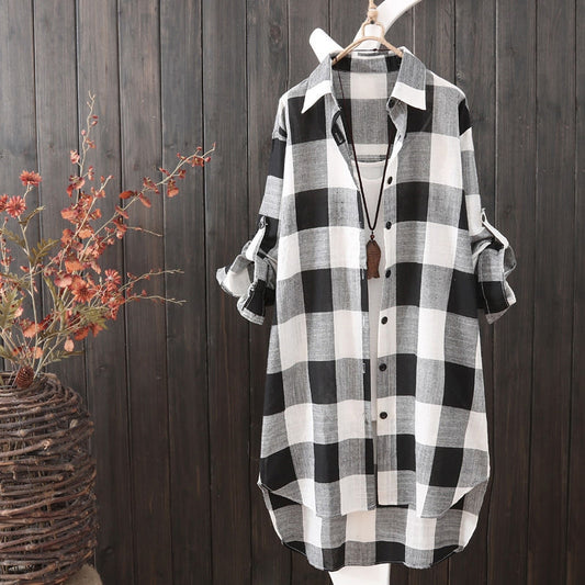 Long Size Women's Loose Slim Fashion Plaid Blouse