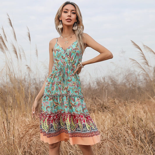 Spaghetti Straps Sleeveless V-Neck Floral Printed Waist Tied Boho Midi Dress