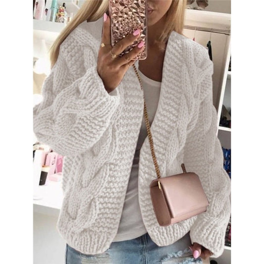 Cable Knitted Solid Color Loose Cardigan