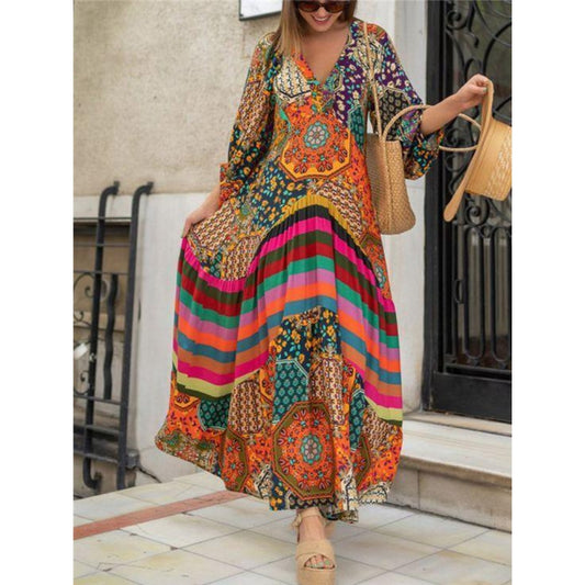 Long Sleeves Printed V-Neck Boho Maxi Dress