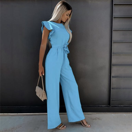 Female Ruffle Solid Color Round Neck Tie Jumpsuits