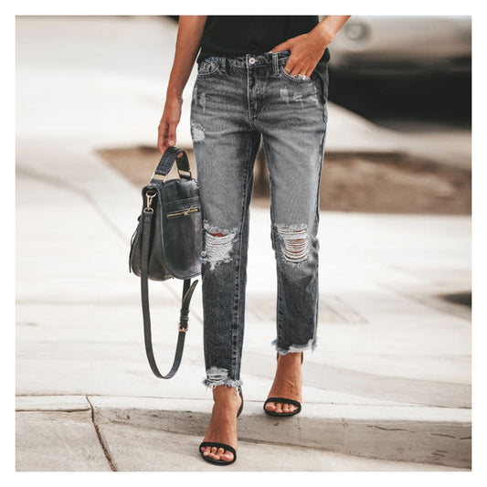 Simple Torn Tassel Casual Jeans