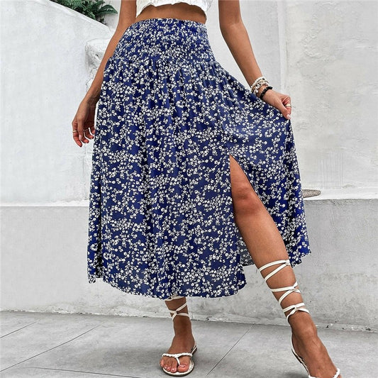 Retro Floral Print High Waisted Side Split Half Skirt