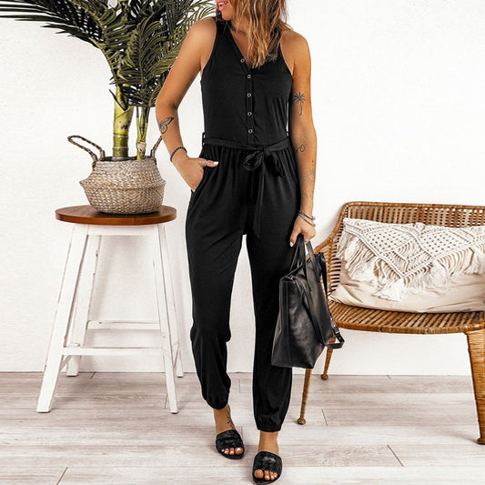 Solid Sleeveless V-Neck Wrap Jumpsuit