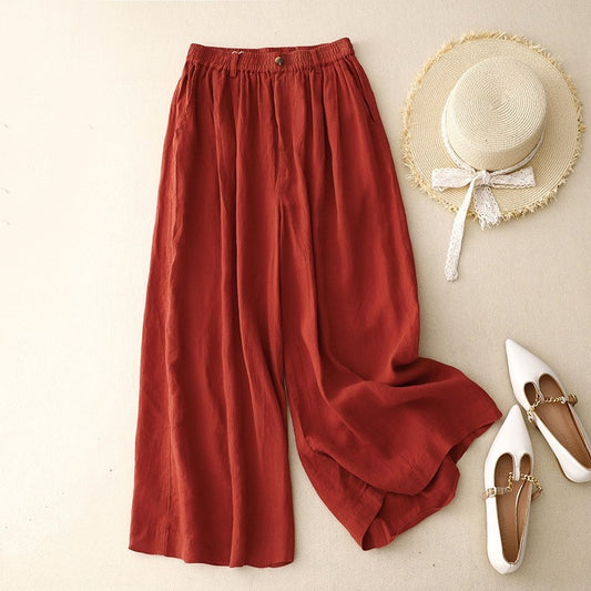 Wide Leg Elastic Waist Double Pocket Pants Simple And Pure Ethnic Style