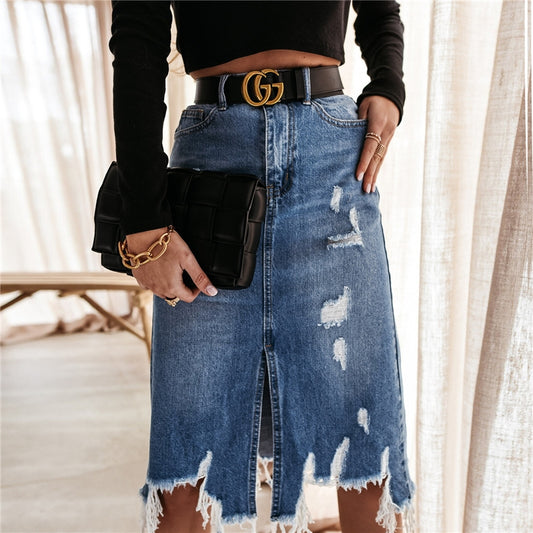 High Waisted Ripped Fringed Hem Front Slit Denim Skirt