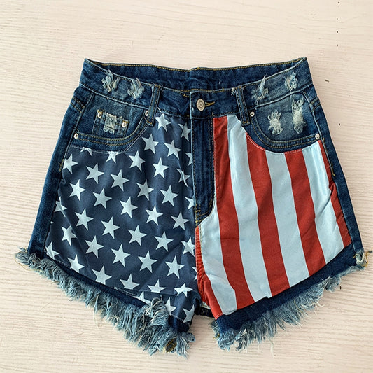 Fringed Flag Print Denim Shorts