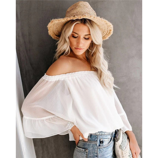 One-Shoulder Loose Flared Sleeve Chiffon Shirt