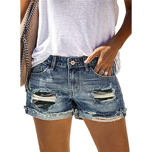 Women's Camouflage Ripped Rolled Denim Shorts