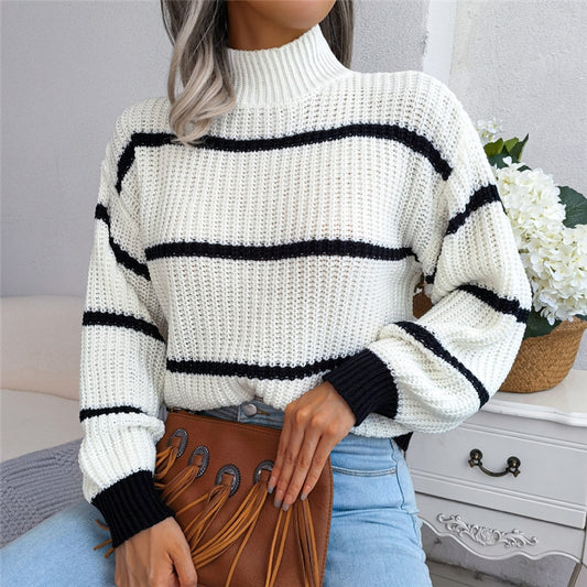 Long Sleeve High Neck Striped Sweater