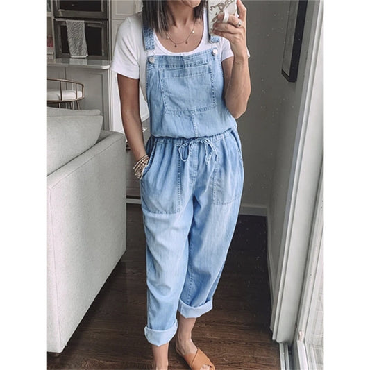 Elastic Waist Drawstring Denim Overalls