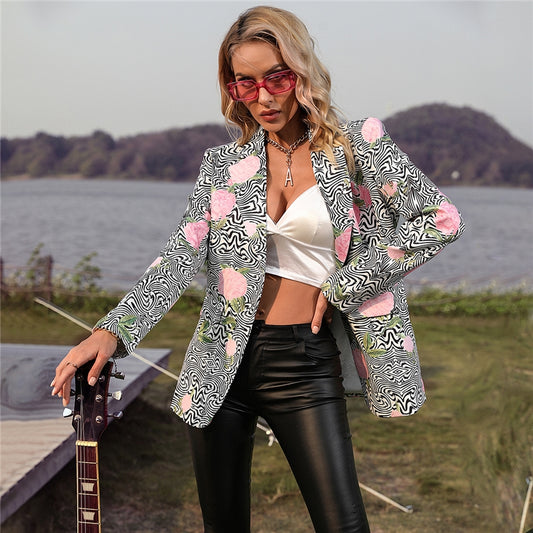 Long Sleeves Lapel Foral Printed Blazer Outerwear