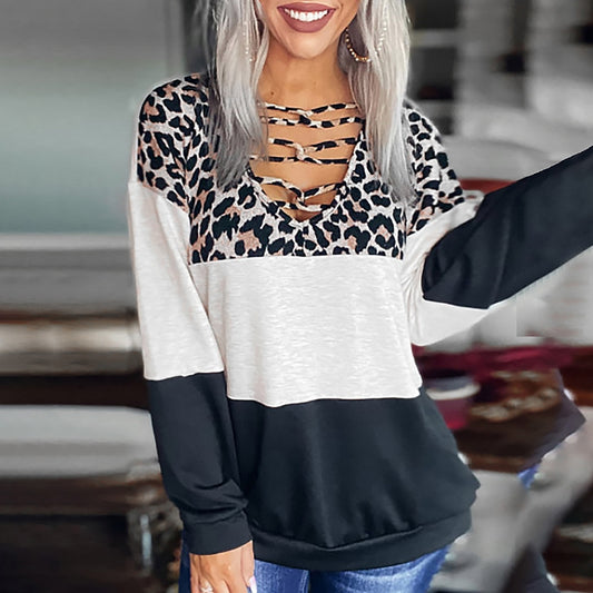 Leopard Striped Long-Sleeved Patchwork T-Shirt