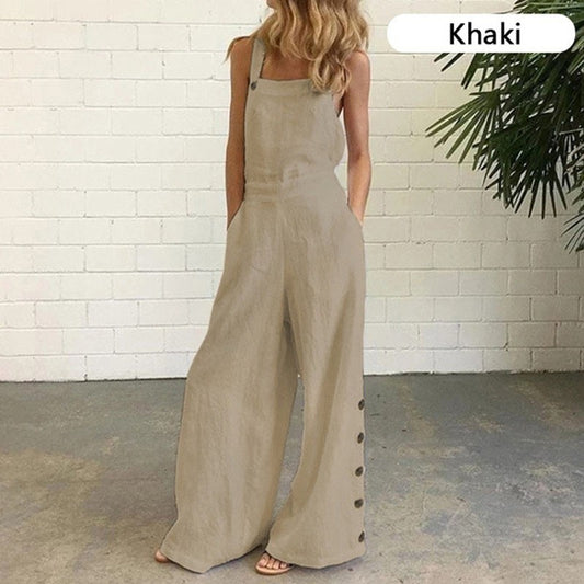 Solid Color Wide Leg Pockets Casual Loose Overalls