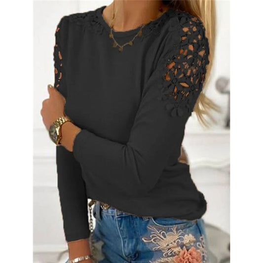 Pure Color Slim Lace Hollow Long Sleeve T-Shirt