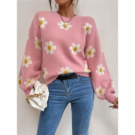 Jacquard Floral Crew Neck Sweater